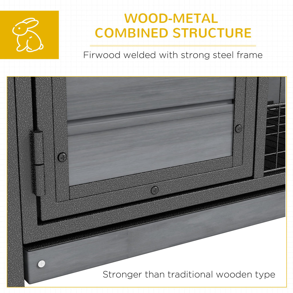 Wooden Rabbit Hutch Elevated with No Leak Tray, Openable Roof for Indoor/Outdoor, Gray